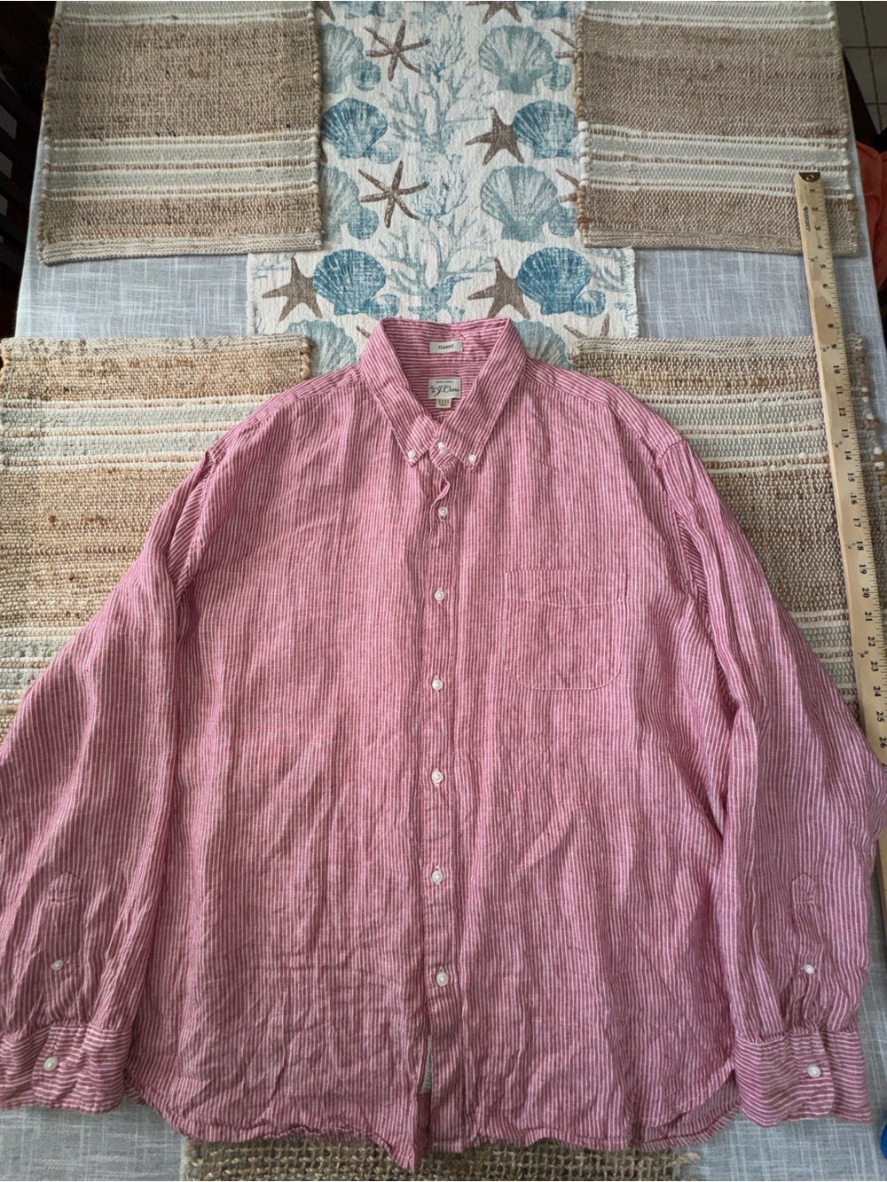 J.CREW Baird McNutt Men’s Linen Shirt, Long-Sleeve, Red W/ White Stripes, 3XL